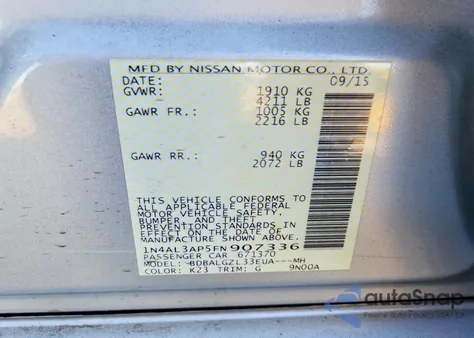 2015 Nissan Altima 2.5 z USA, uszkodzony, nr VIN 1N4AL3AP5FN907336